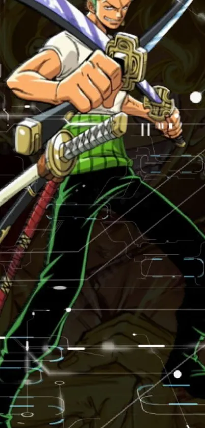 Anime swordfighter with green attire in action pose.