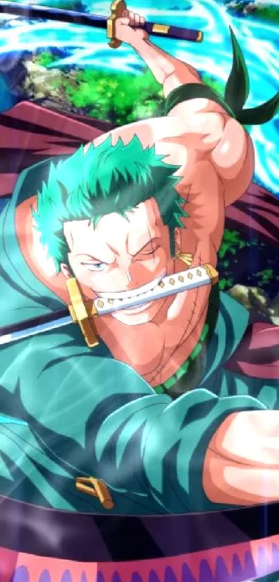 Anime swordsman with dragon spirit in vibrant setting.