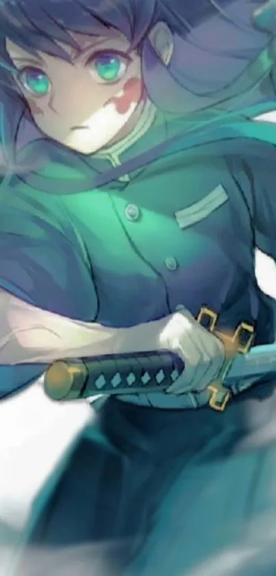 Anime swordsman with teal outfit holding sword in dynamic pose.