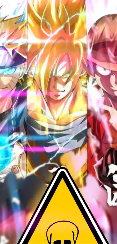 Anime trio displaying dynamic energy in vivid colors.