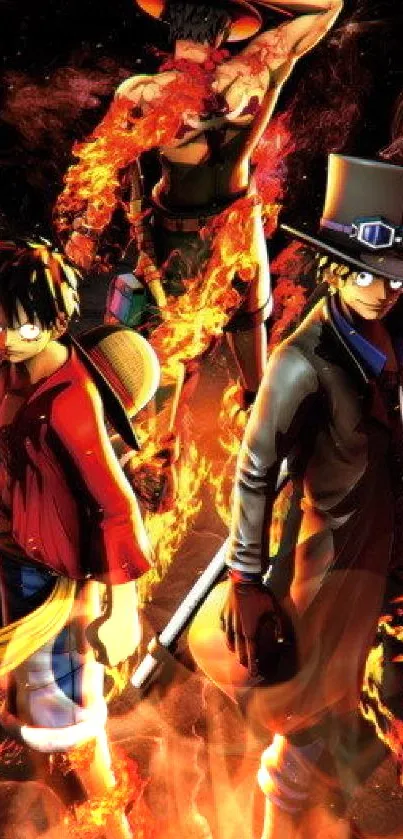 Anime trio surrounded by flames on a dark background.