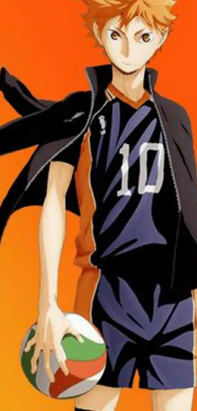 Anime volleyball player on orange background.