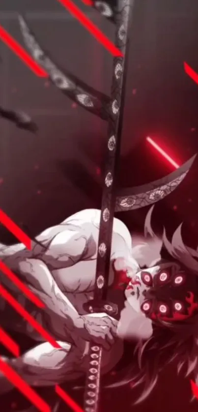 Anime warrior with sword and red highlights in action scene.