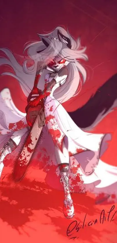 Anime warrior with sword in vibrant red color scheme on mobile wallpaper.