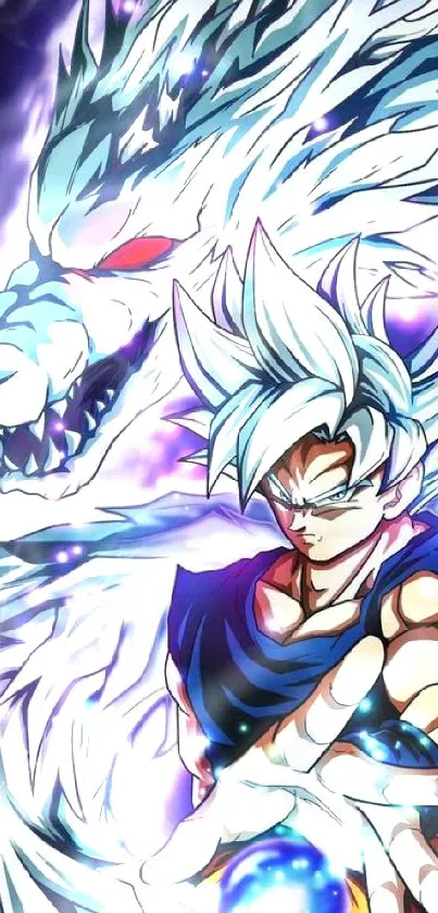 Anime warrior with dragon and blue energy in dynamic mobile wallpaper.