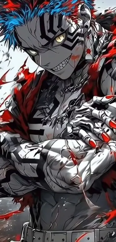Anime warrior with vibrant red and blue design standing confidently.
