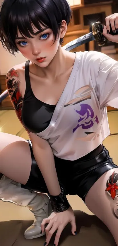 Anime warrior with sword in dynamic pose.