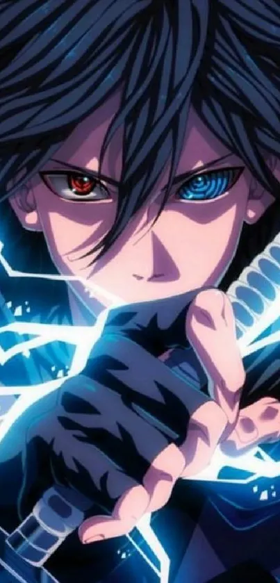 Anime warrior holds sword with electrifying energy in vibrant artwork.