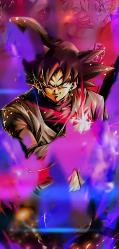 Dynamic anime warrior in vibrant purple hues showcasing intense action.