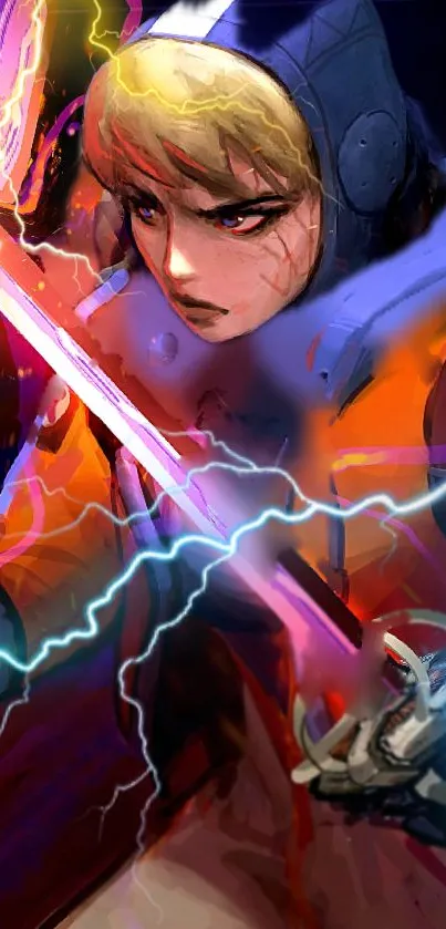 Anime warrior with lightning sword in vibrant colors.