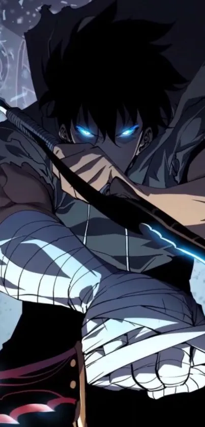 Anime warrior with blue glowing eyes and sword in dynamic pose.