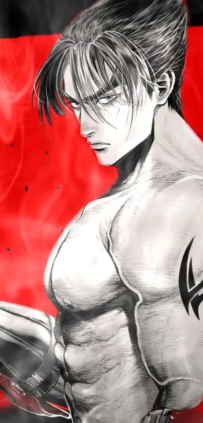 Anime warrior with red background, intense gaze, and tattooed arm.