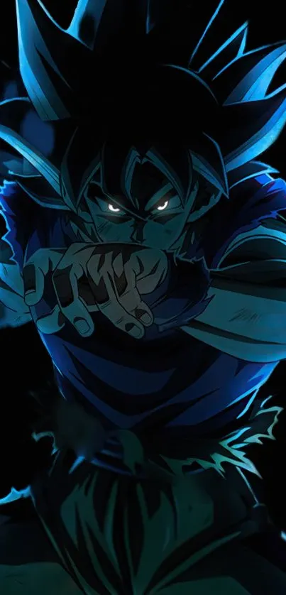 Anime warrior with blue aura, intense focus, and dynamic stance on a dark background.