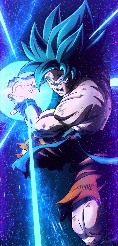 Dynamic anime warrior charging energy attack with vibrant blue aura.