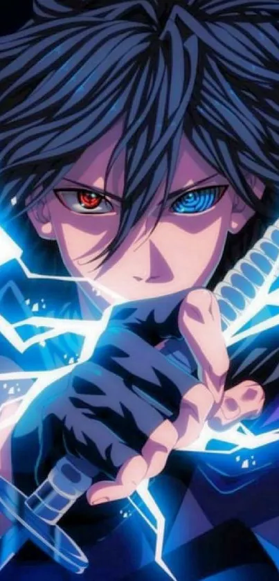 Anime warrior with blue electric aura and intense gaze, holding sword.