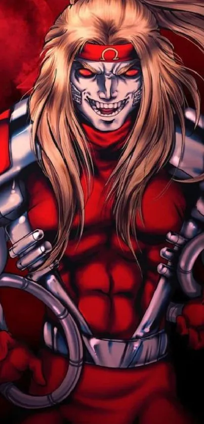 Vibrant anime warrior in red armor with flowing hair on phone wallpaper.