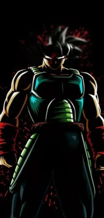 Powerful anime warrior with dark background, vibrant colors.