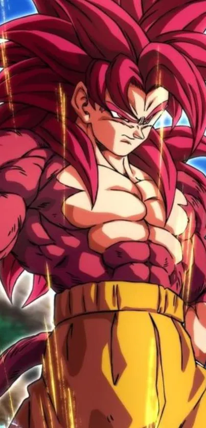 Anime warrior with red hair and intense expression, set against blue sky.