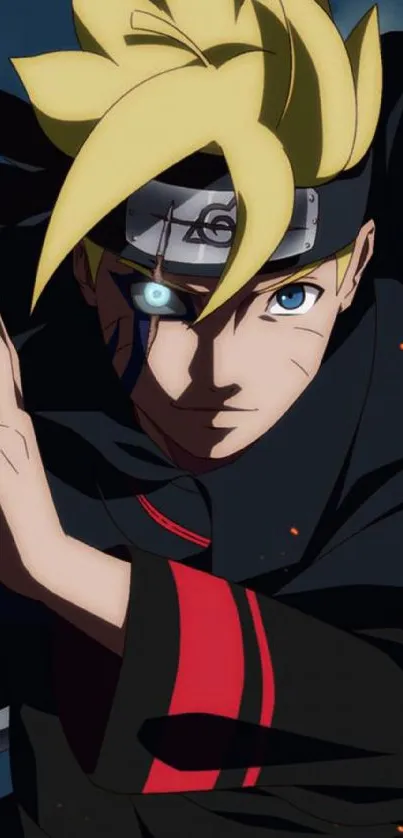 Anime warrior with blonde hair in action pose against dark background.