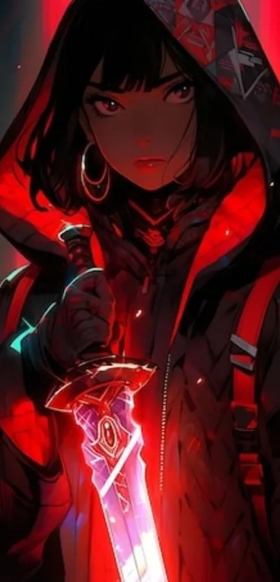 Anime warrior holding a radiant sword with a red backdrop.