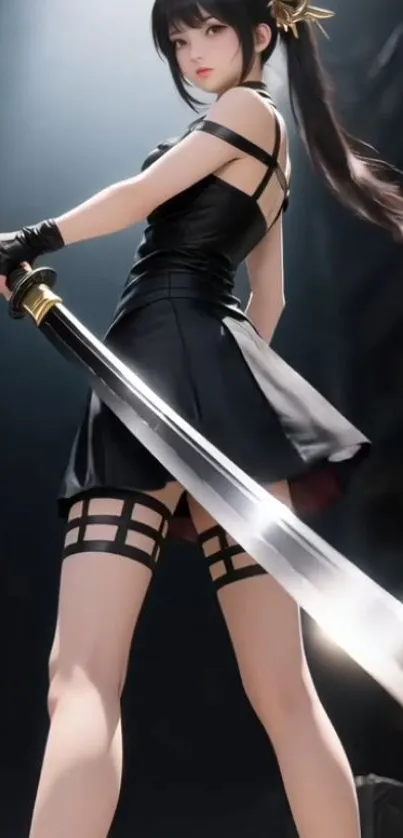 Anime warrior with a sword in a power stance.