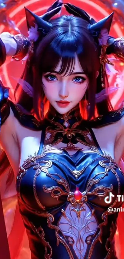 Anime warrior in vibrant armor poses dynamically.