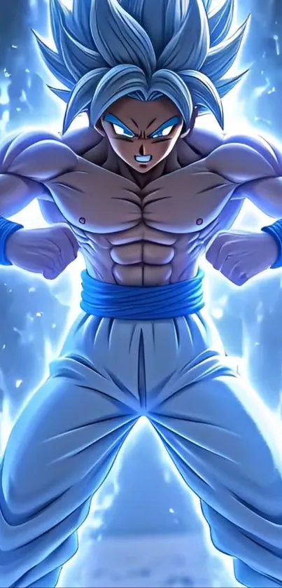 Anime warrior in dynamic pose with blue aura energy.
