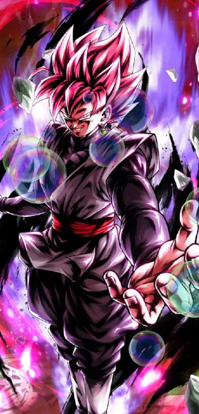 Anime warrior with pink hair and black attire in dynamic action pose.