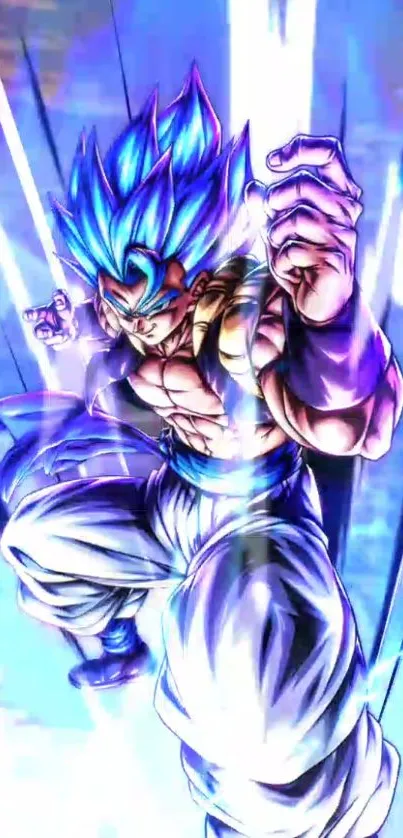 Dynamic anime warrior with vibrant blue aura in action pose wallpaper.