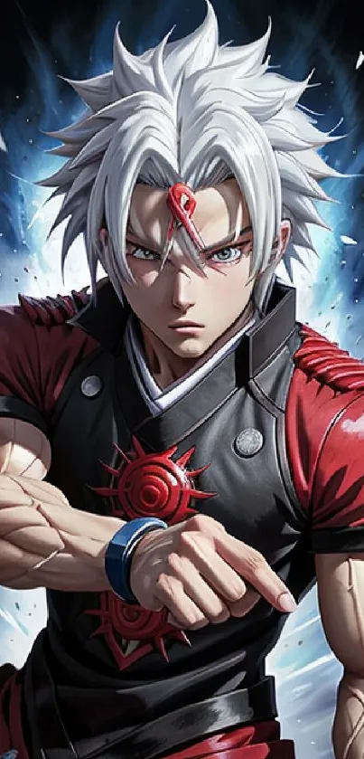 Dynamic anime warrior with white hair and red attire in action-packed pose.