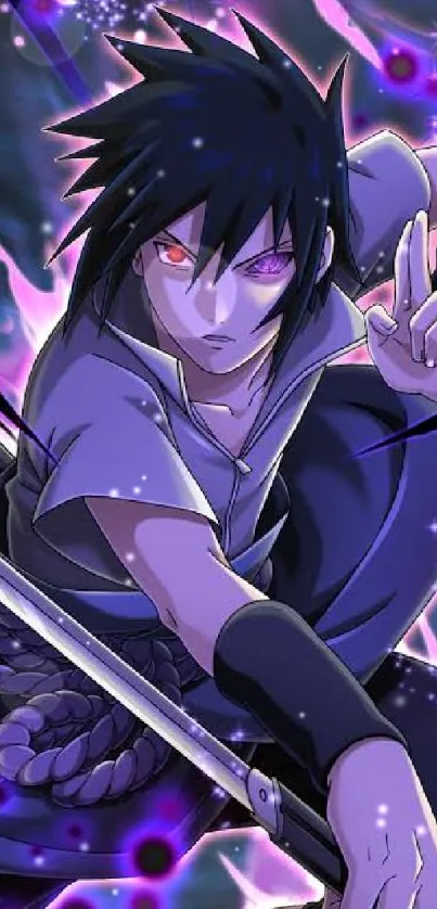 Anime warrior with purple aura and sword in action pose.