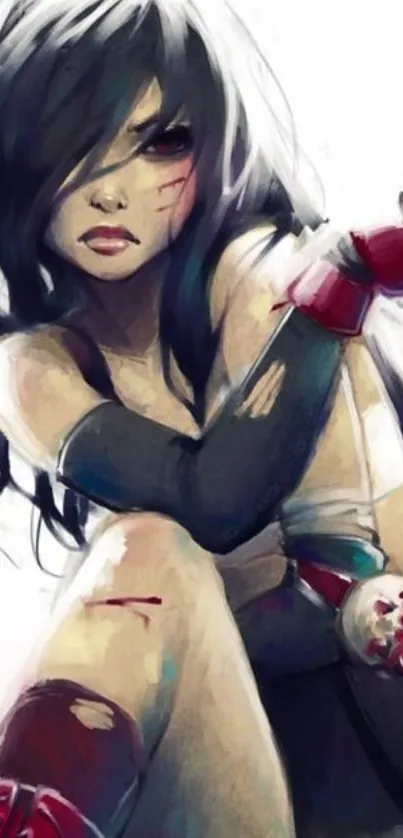 Anime warrior with dark hair and red gloves posing fiercely.