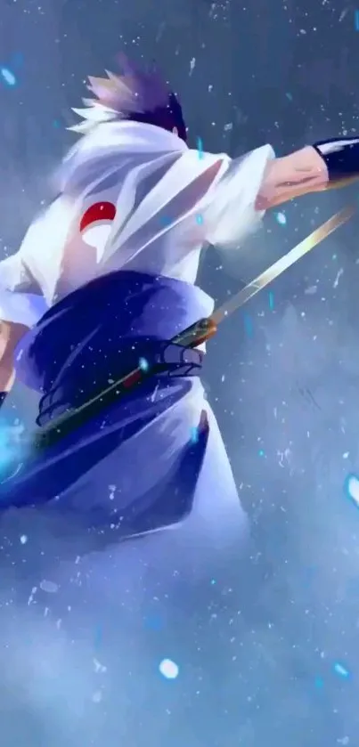 Anime warrior with sword in dynamic blue background.