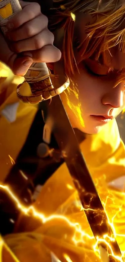 Anime warrior with sword and golden hues in a dynamic pose.