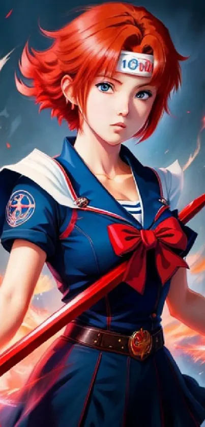 Anime warrior with red hair and a fiery background in motion.