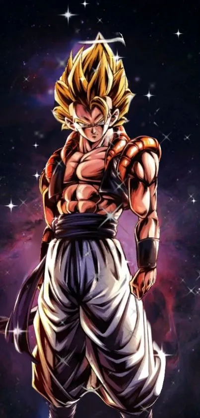 Anime warrior standing against a starry galaxy backdrop.