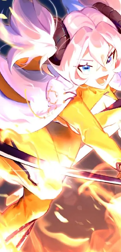 Vibrant anime warrior with fiery backdrop in dynamic action pose.