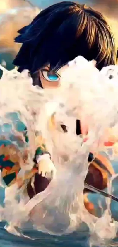 Anime character with dynamic water splash effect background.