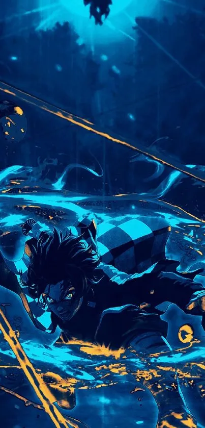 Dynamic anime character with water scene in vibrant blue and orange colors.