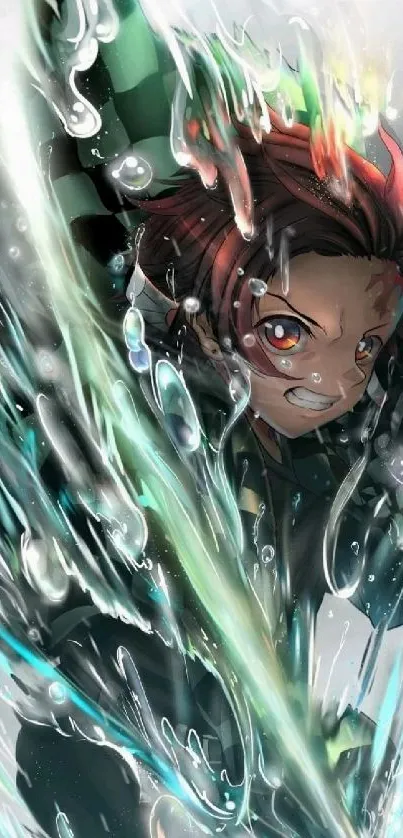 Anime character with water splash in dynamic art piece.