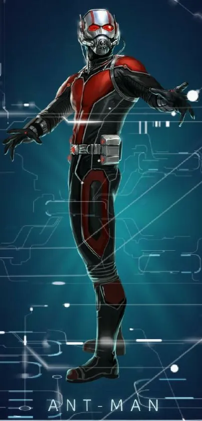 Ant-Man in red suit on blue background mobile wallpaper.