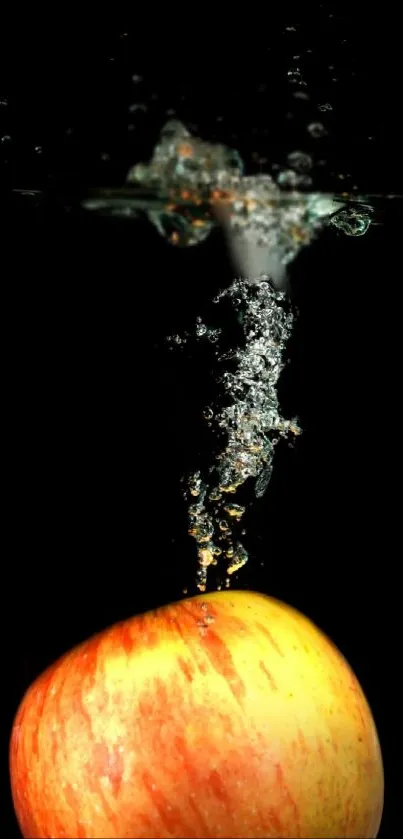 Apple splashing underwater with bubbles on mobile wallpaper.