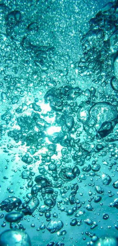 Vibrant underwater bubbles in teal blue sunlight.