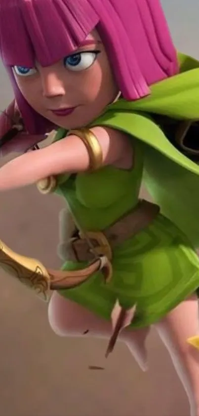 Animated archer in green outfit with pink hair and bow, ready for action.