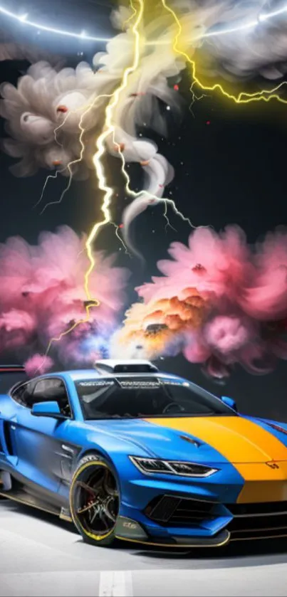 Dynamic art wallpaper with a blue car and vibrant lightning.