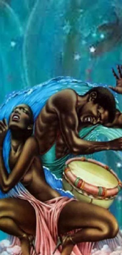 Expressive dancers with tribal drum on blue swirling background.