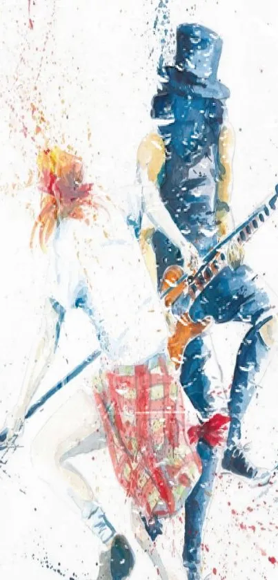 Artistic painting of rock musicians with guitar and mic in dynamic pose.