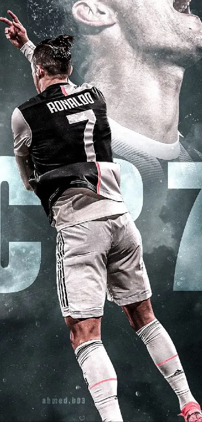 Athlete leaping in celebration against a dark backdrop.