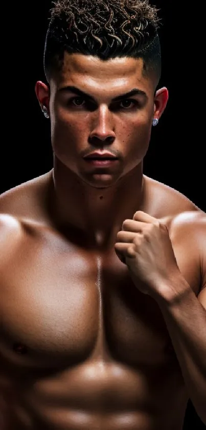 Dynamic athlete posing with strong physique on a dark background.