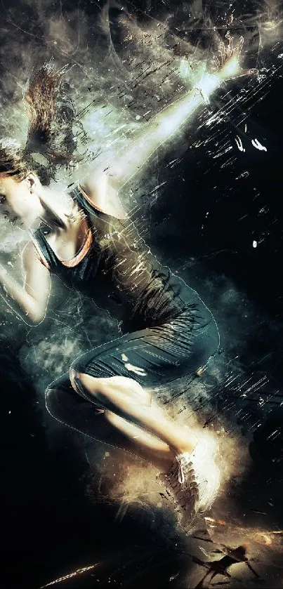 Dynamic depiction of an athletic woman in motion against a dark background.